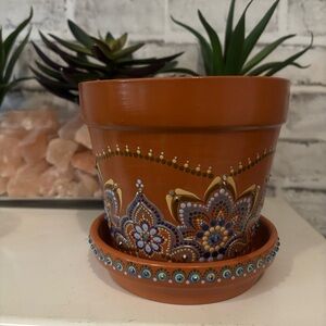 Hand Painted Mandala Terracotta Planter with Matching Saucer – Flower Pot.